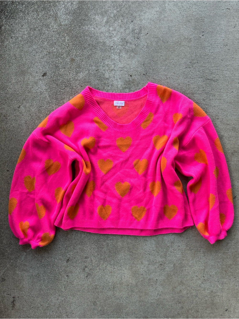 Pink Lily Bright Pink Heart Print Pullover Sweater